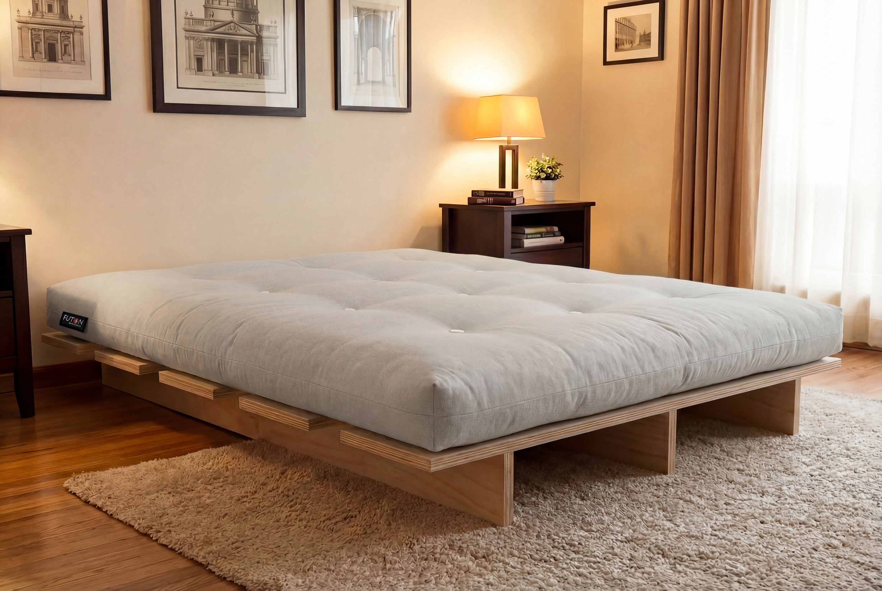 Cama Mikado de madera natural, artesanal de producción local, sin tornillos, de montaje fácil para Futon Barcelona