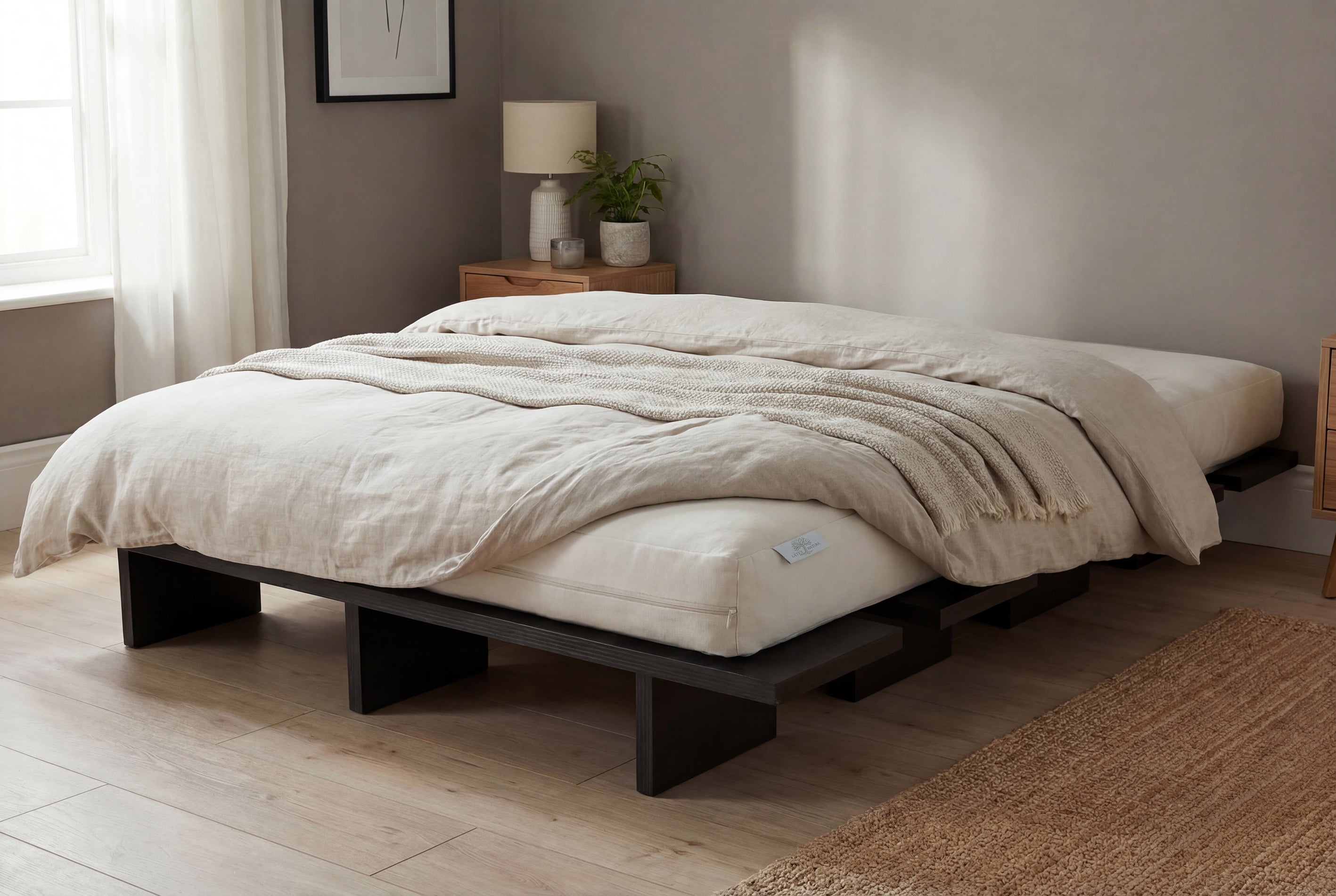 Cama Mikado, de madera y elaborado artesanalmente en España para Futon Barcelona. Montaje fácil sin tornillos, por encaje, producto ecológico. Madera negra. Imagen de producto en dormitorio con colchón de látex.