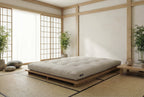 Futón japonés confort, en dormitorio, elaborado artesanalmente en Barcelona, ecológico y natural.