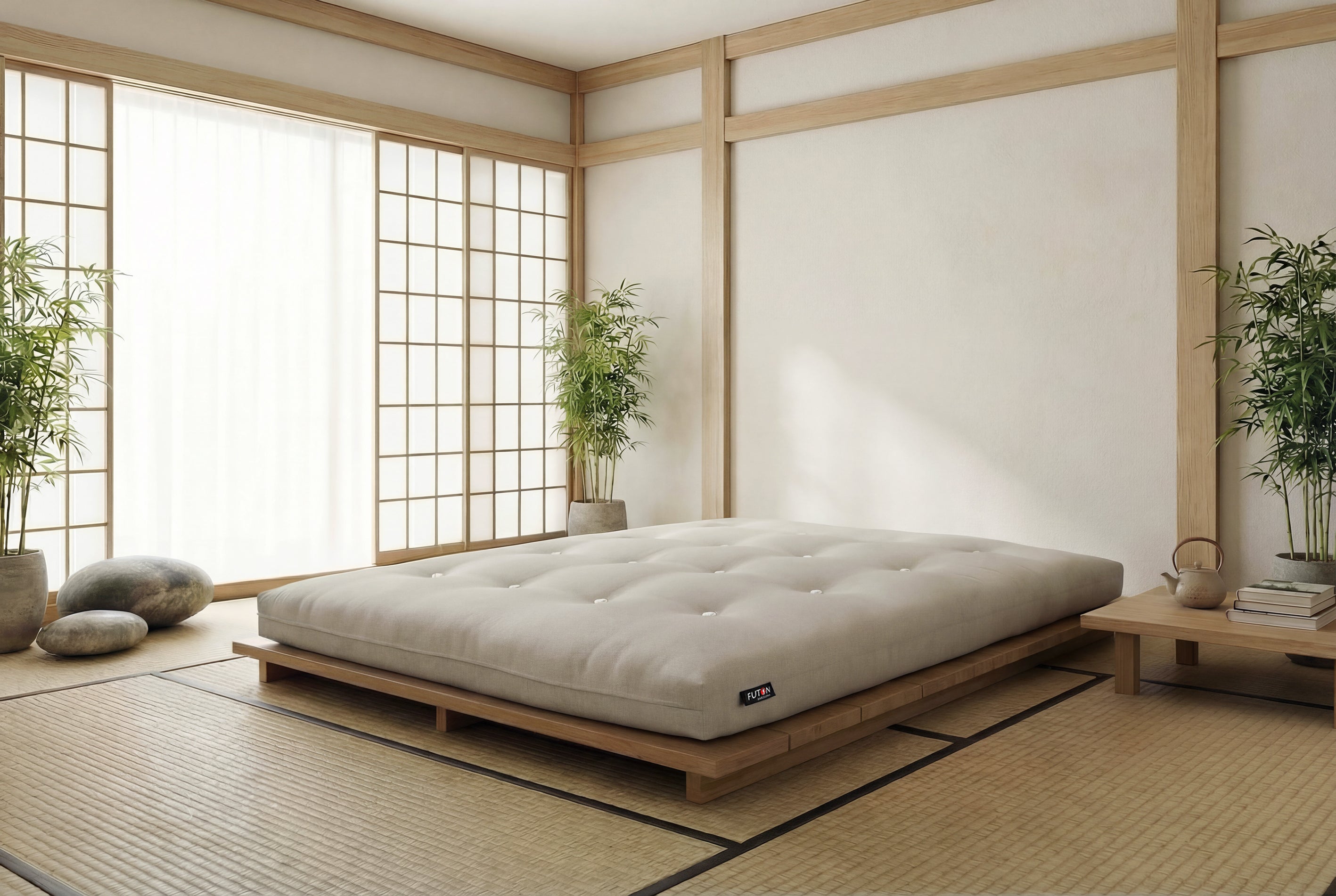 Futón japonés confort, en dormitorio, elaborado artesanalmente en Barcelona, ecológico y natural.