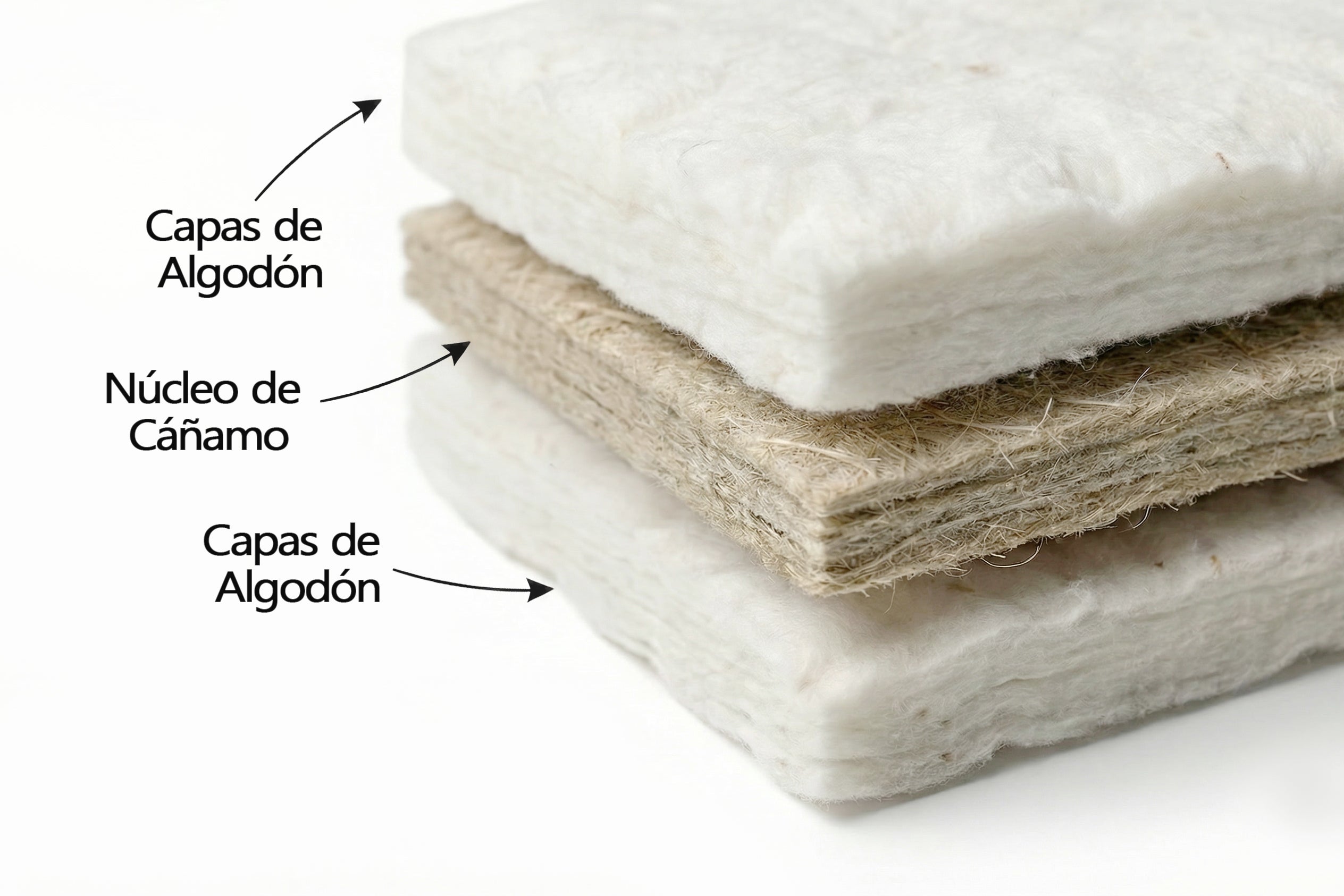 Interior de futón de algodón, con núlcleo de fibra de cáñamo. Colhón natural y ecológico elaborado artesanalmente en Barcelona.