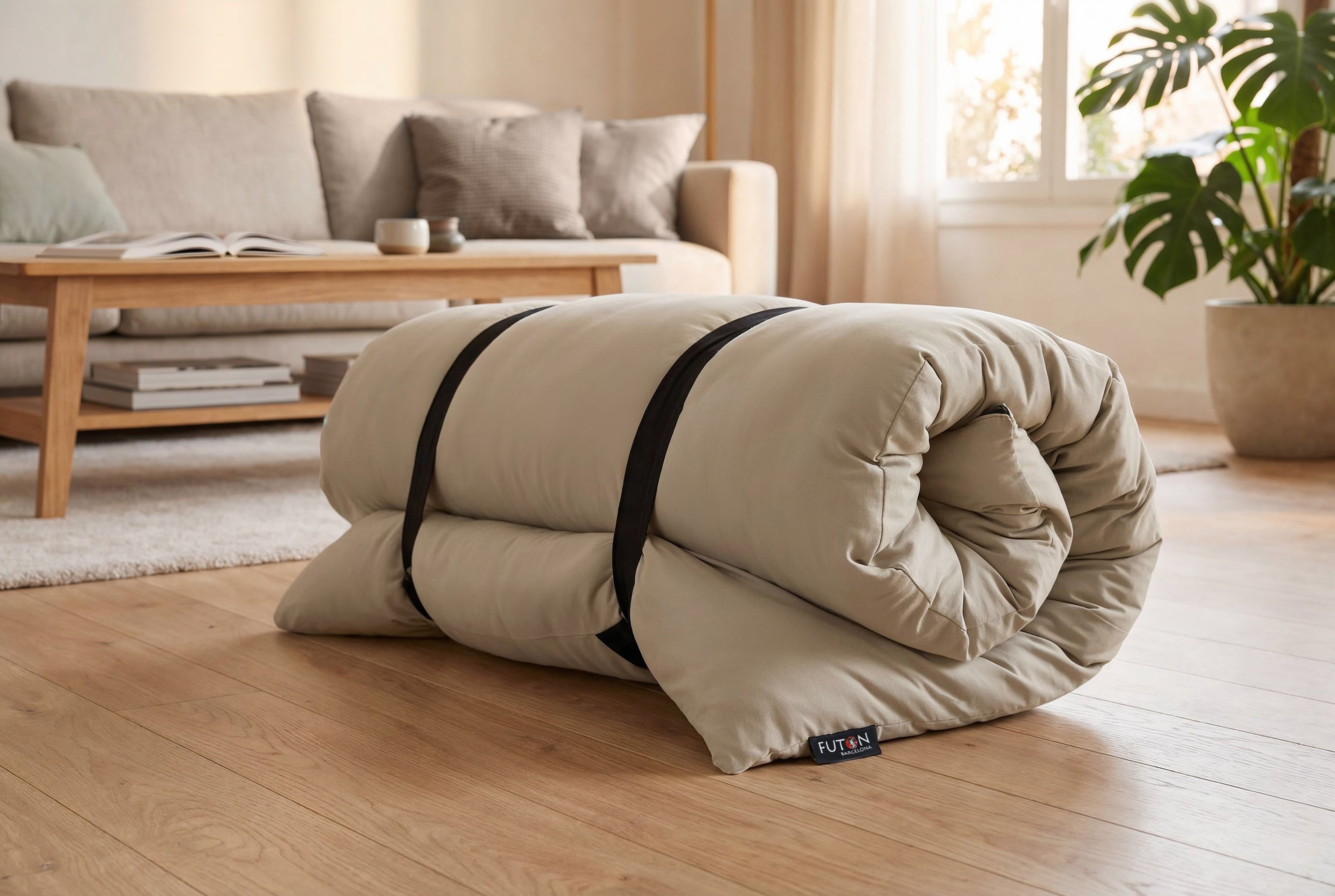 Colchoneta ecológica Zenmat, portátil y cómoda, polivalente y natural, elaborada artesanalmente con algodón y fibra de cáñamo, incluye funda lavable 100% algodón, hecha en Barcelona de forma artesanal. Ideal para Shiatsu. Color beige, imagen en interior casa.